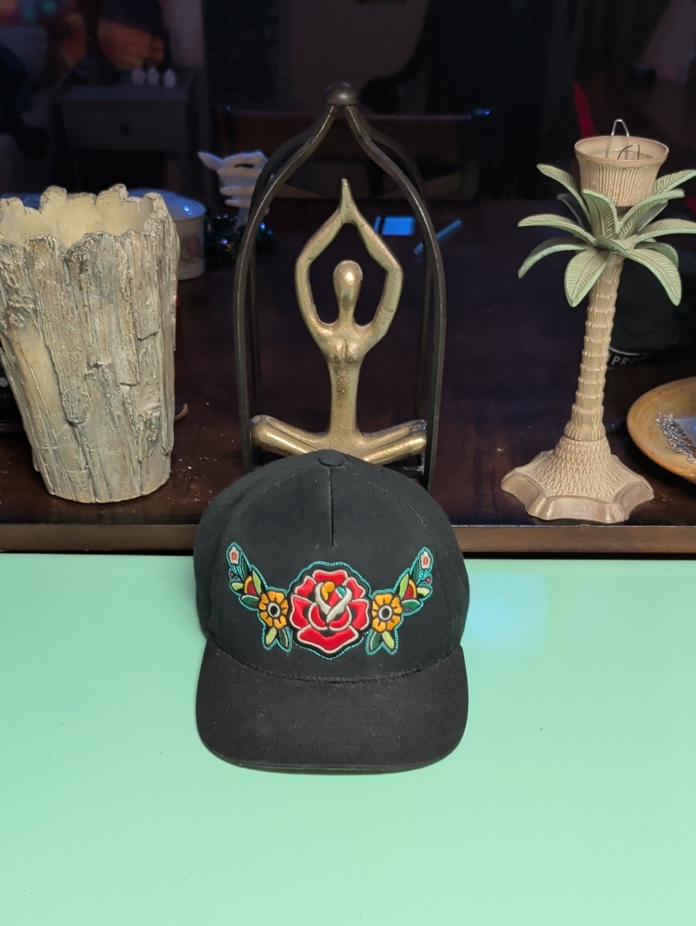 Black Floral Embroidered Baseball Cap - Mens Accessory